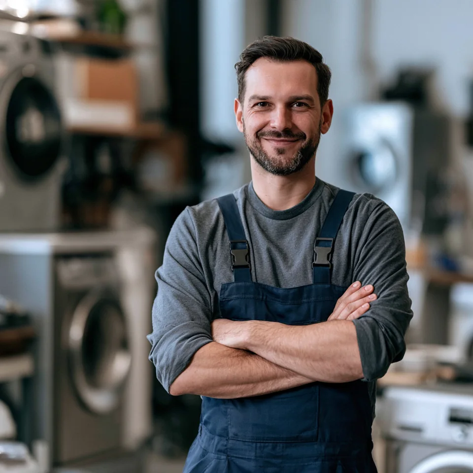 Appliance service professional in a workshop with household machines