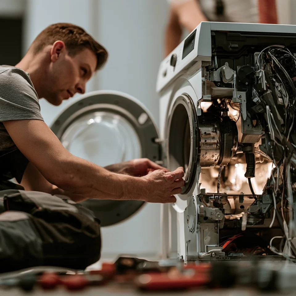 A technician inspecting the internal components of a household appliance