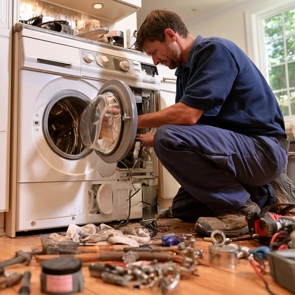 An appliance professional repairing a front-loading machine with tools nearby